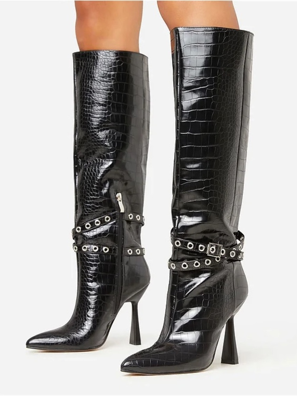 Black Croco Embossed Pointed Toe Shoes Knee High Heeled Boots with Zip